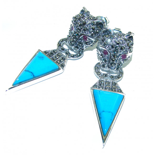 Spectacular Blue Cheetah inlay Turquoise .925 Sterling Silver handcrafted Earrings