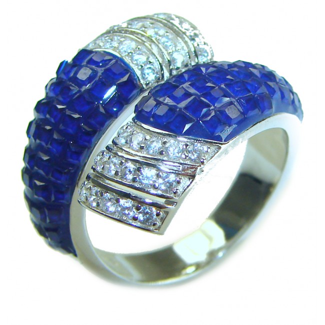 Art Deco Genuine 10.5 carat Sapphire .925 Sterling Silver handcrafted Ring size 6 1/2 - Art Deco sapphire ring, side view, highlighting blue stones and diamonds.