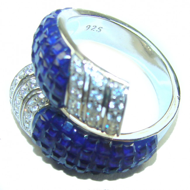 Art Deco Genuine 10.5 carat Sapphire .925 Sterling Silver handcrafted Ring size 6 1/2 - Art Deco Sapphire Sterling Silver Ring side view showing stone detail