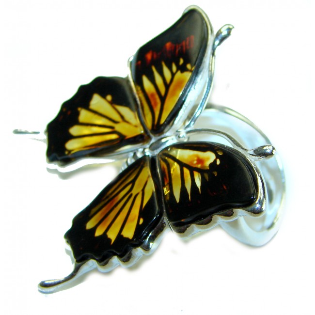 Large Butterfly Authentic carved Baltic Amber .925 Sterling Silver entirely handcrafted ring; s. 8 adjustable - Butterfly amber ring, top view, .925 sterling silver setting.