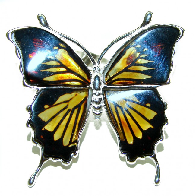 Large Butterfly Authentic carved Baltic Amber .925 Sterling Silver entirely handcrafted ring; s. 8 adjustable - Large butterfly amber sterling brooch, front view.