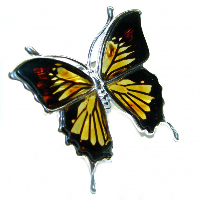 Large Butterfly Authentic carved Baltic Amber .925 Sterling Silver entirely handcrafted ring; s. 8 adjustable - Butterfly amber pendant in sterling silver, front view.