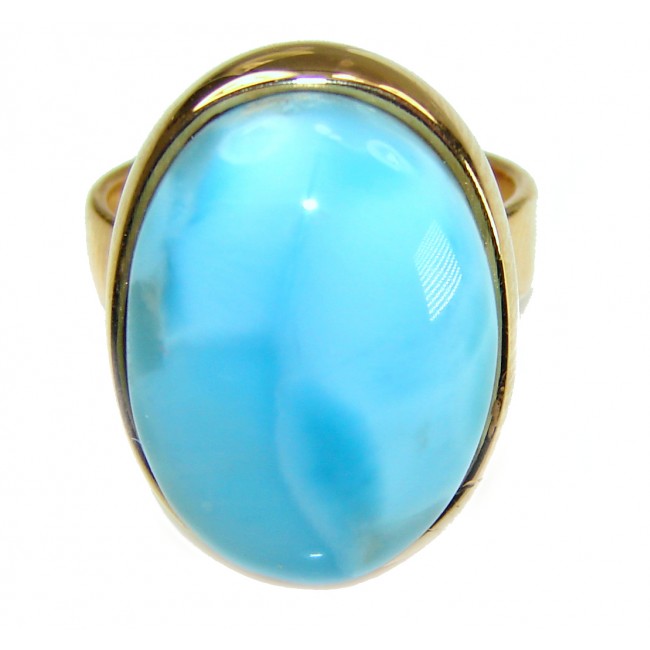 Blue Perfection AAAA QUALITY Blue Larimar 18K Gold over .925 Sterling Silver handmade Large ring size 8 adjustable - Blue Larimar ring close-up with 18K gold setting