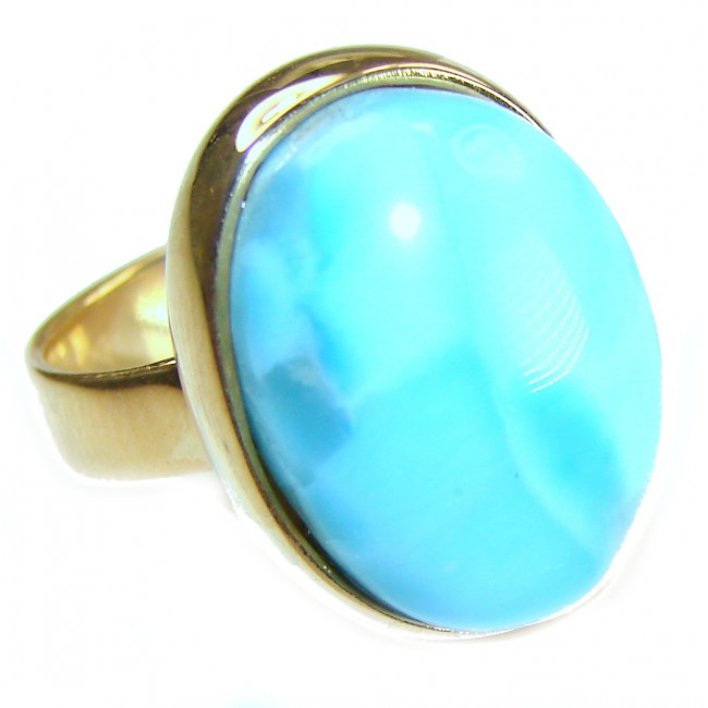 Blue Perfection AAAA QUALITY Blue Larimar 18K Gold over .925 Sterling Silver handmade Large ring size 8 adjustable - Close-up of blue larimar ring set in 18K gold.