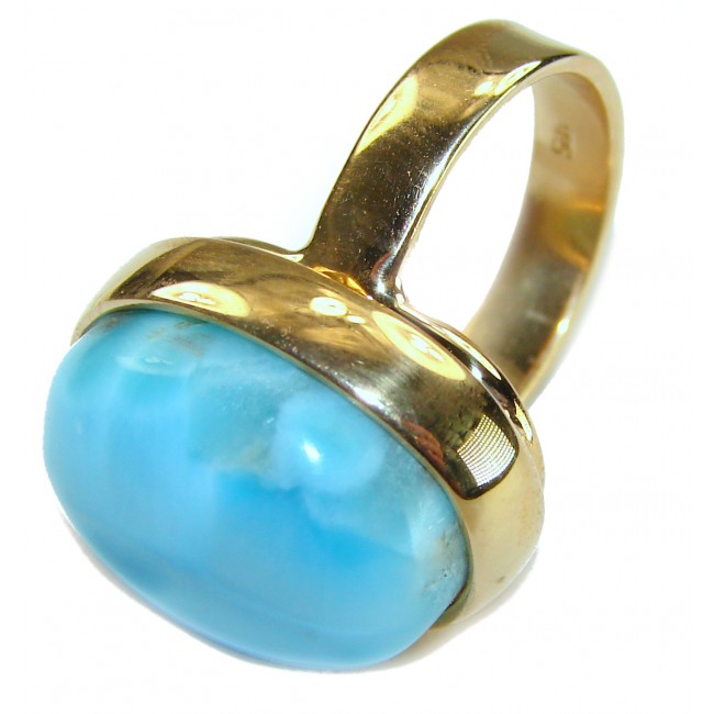 Blue Perfection AAAA QUALITY Blue Larimar 18K Gold over .925 Sterling Silver handmade Large ring size 8 adjustable - Blue Larimar 18K gold ring, side view, showcasing stone and gold band.