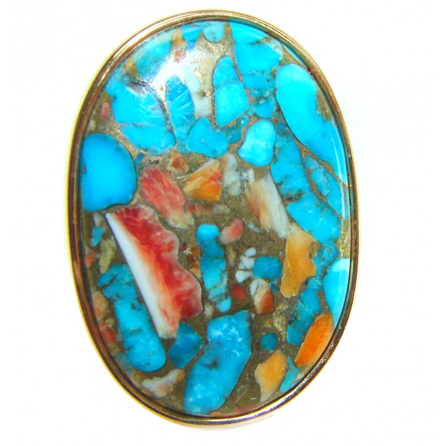 Rare 26.5 carat Oyster Turquoise 18K Gold over .925 Sterling Silver handcrafted Large ring; s. 8 adjustable