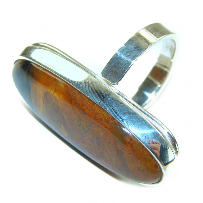 Large 22.5 carat Silky Golden Pietersite .925 Sterling Silver handmade Ring size 8 adjustable