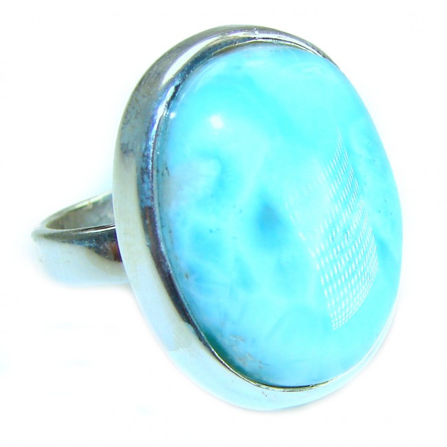 Blue Perfection AAAA QUALITY Blue Larimar .925 Sterling Silver handmade Large ring size 8 adjustable - Close-up of blue Larimar ring set in .925 sterling silver.