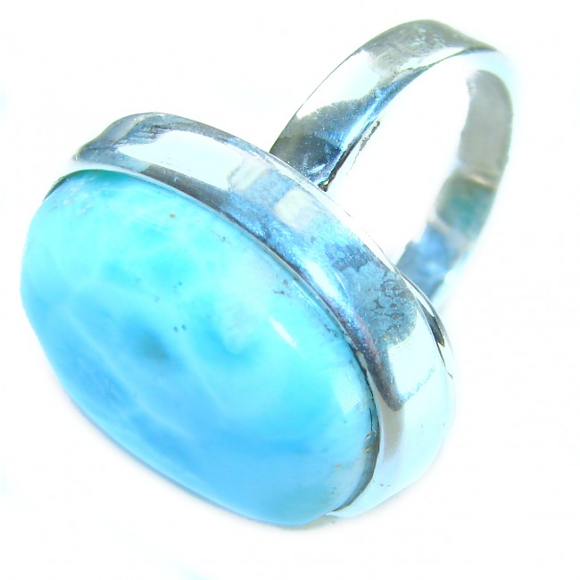 Blue Perfection AAAA QUALITY Blue Larimar .925 Sterling Silver handmade Large ring size 8 adjustable - Close-up of Blue Larimar ring set in .925 sterling silver.
