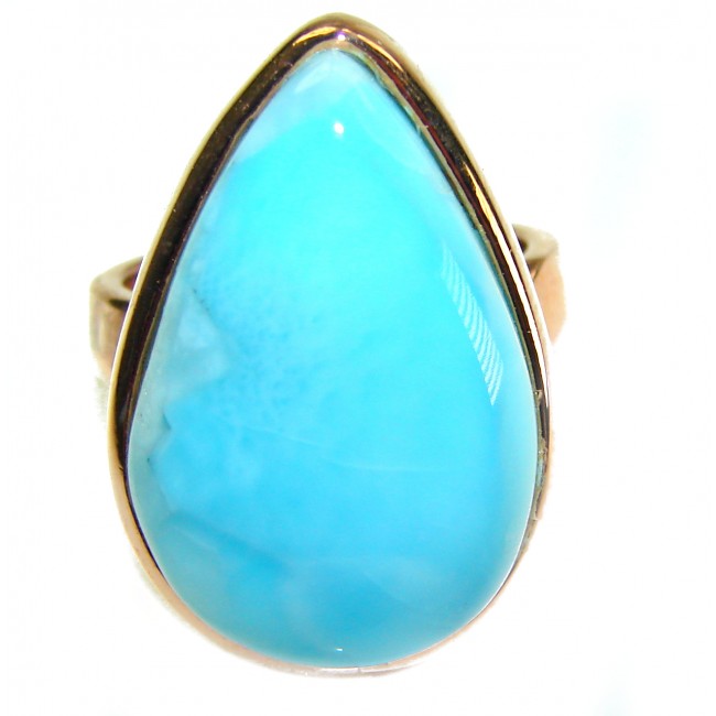 Blue Perfection AAAA QUALITY Blue Larimar 18K Gold over .925 Sterling Silver handmade Large ring size 8 adjustable - Close-up of blue Larimar ring set in 18K gold.