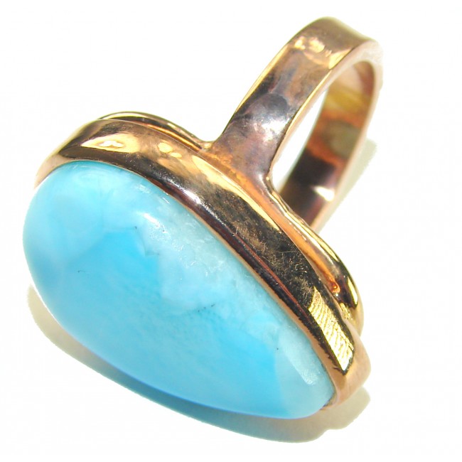 Blue Perfection AAAA QUALITY Blue Larimar 18K Gold over .925 Sterling Silver handmade Large ring size 8 adjustable - Blue Larimar ring 18K gold side view close-up