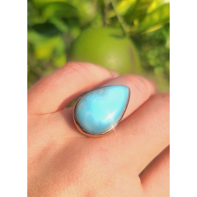 Blue Perfection AAAA QUALITY Blue Larimar 18K Gold over .925 Sterling Silver handmade Large ring size 8 adjustable - Worn on hand, blue larimar stone in gold setting, close-up view