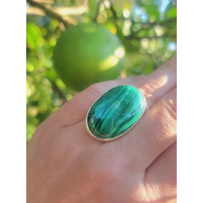32.2 CARAT genuine Malachite .925 Sterling Silver handcrafted ring size 8 adjustable