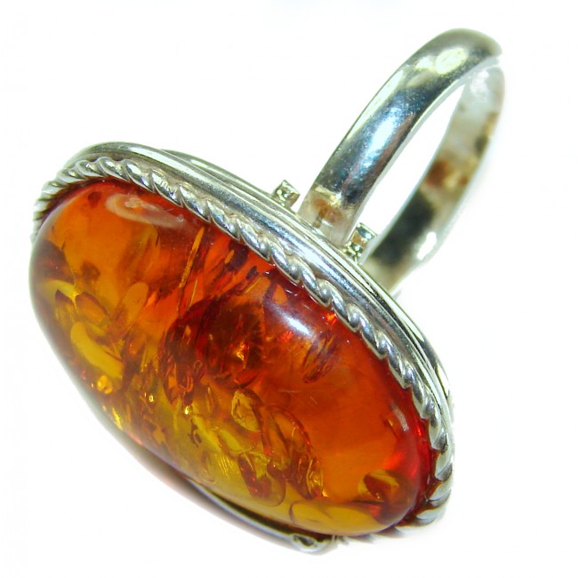 Natural Baltic Amber .925 Sterling Silver handcrafted ring; s. 8 adjustable - Close-up of Natural Baltic Amber sterling silver ring.