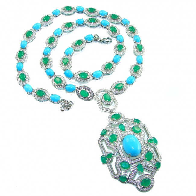 Art Deco - Pacifica - 168.4 carat Turquoise Emerald .925 Sterling Silver handmade Statement necklace; 24 inches long