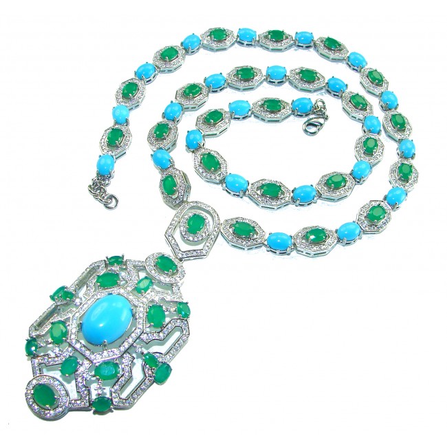 Art Deco - Pacifica - 168.4 carat Turquoise Emerald .925 Sterling Silver handmade Statement necklace; 24 inches long