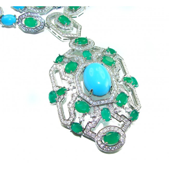 Art Deco - Pacifica - 168.4 carat Turquoise Emerald .925 Sterling Silver handmade Statement necklace; 24 inches long