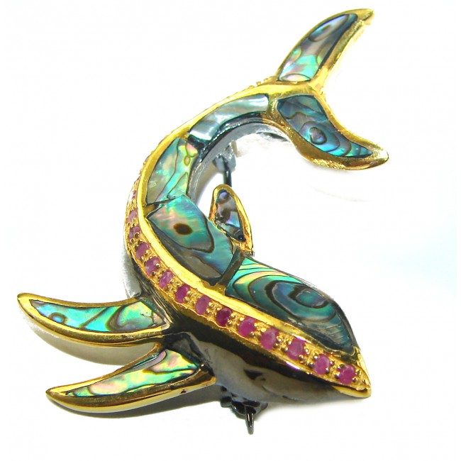 Dolphin Natural Rainbow Abalone Ruby 14K Gold over .925 Sterling Silver handmade Pendant Brooch