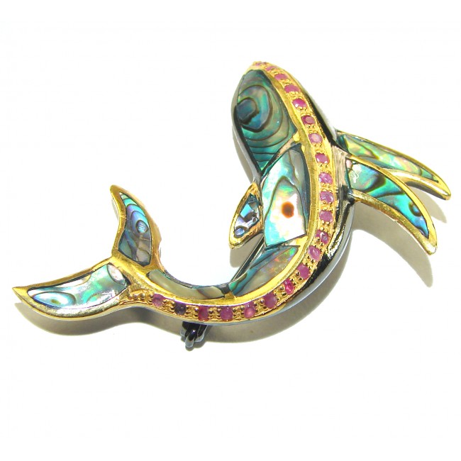 Dolphin Natural Rainbow Abalone Ruby 14K Gold over .925 Sterling Silver handmade Pendant Brooch