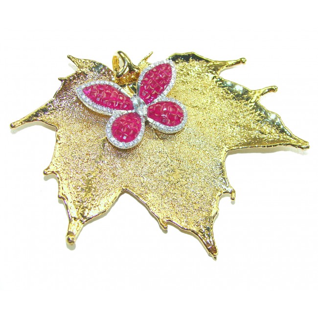 Rain Drop REAL Leaf dipped in Sterling Silver and 14K Ruby & .925 Sterling Silver Pendant
