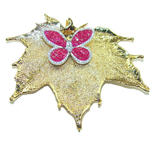 Rain Drop REAL Leaf dipped in Sterling Silver and 14K Ruby & .925 Sterling Silver Pendant