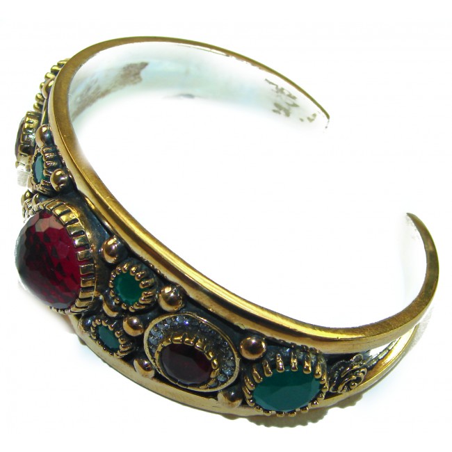 Victorian Style 22.5 carat Ruby Emerald & White Topaz .925 Sterling Silver Bracelet / Cuff