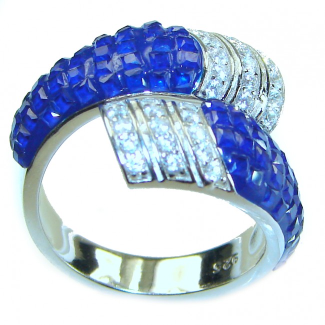 Art Deco Genuine 10.5 carat Sapphire .925 Sterling Silver handcrafted Ring size 7 1/4 - Art Deco sapphire ring in side view, sterling silver, 10.5 carats.
