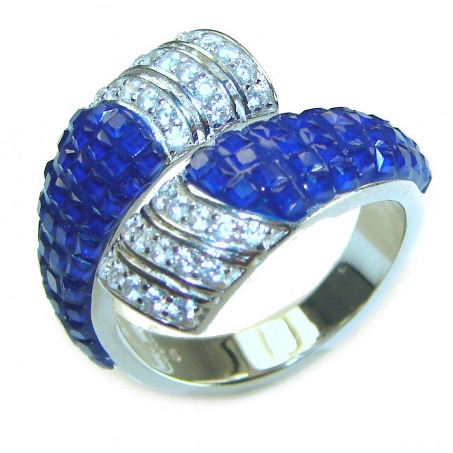 Art Deco Genuine 10.5 carat Sapphire .925 Sterling Silver handcrafted Ring size 7 1/4 - Side view of Art Deco Sapphire Sterling Silver ring with diamond accents.