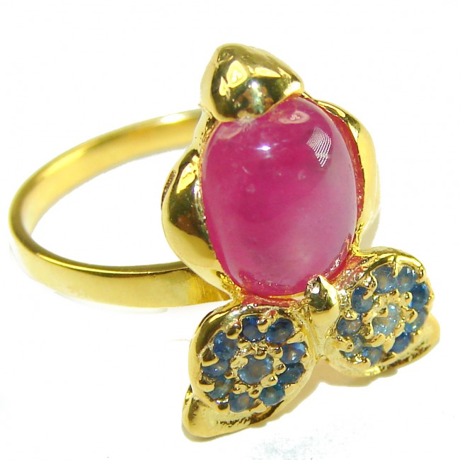 Smart Owl Genuine 3.5 CARAT Star Ruby .925 Sterling Silver Statement Ring size 8 - Butterfly ring with star ruby and blue stones on a gold band close-up.