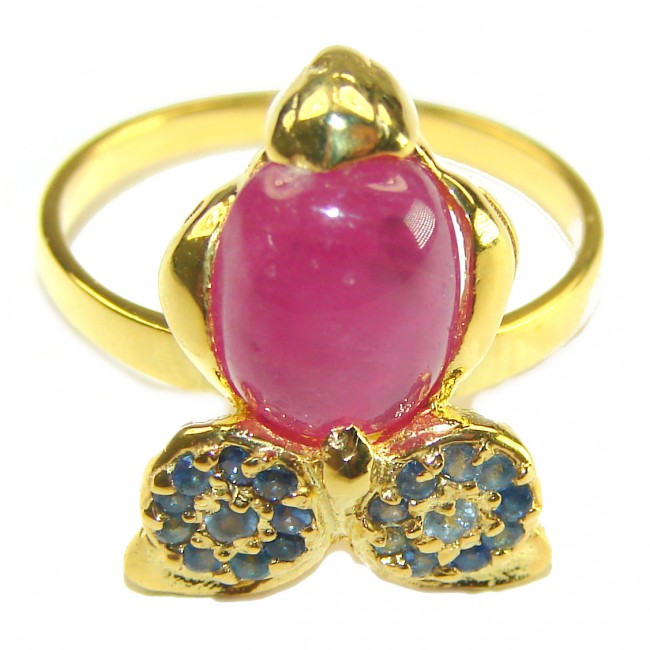 Smart Owl Genuine 3.5 CARAT Star Ruby .925 Sterling Silver Statement Ring size 8 - Front view of owl-shaped ring with star ruby and blue stones.
