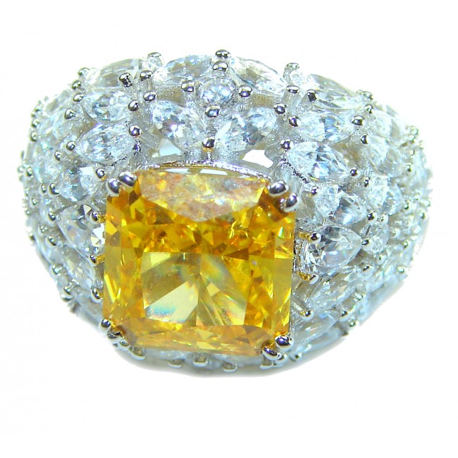 Luxurious cushion cut 19.5 carat yellow Sapphire .925 Sterling Silver handcrafted ring; s. 6