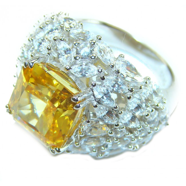 Luxurious cushion cut 19.5 carat yellow Sapphire .925 Sterling Silver handcrafted ring; s. 6
