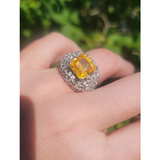 Luxurious cushion cut 19.5 carat yellow Sapphire .925 Sterling Silver handcrafted ring; s. 6