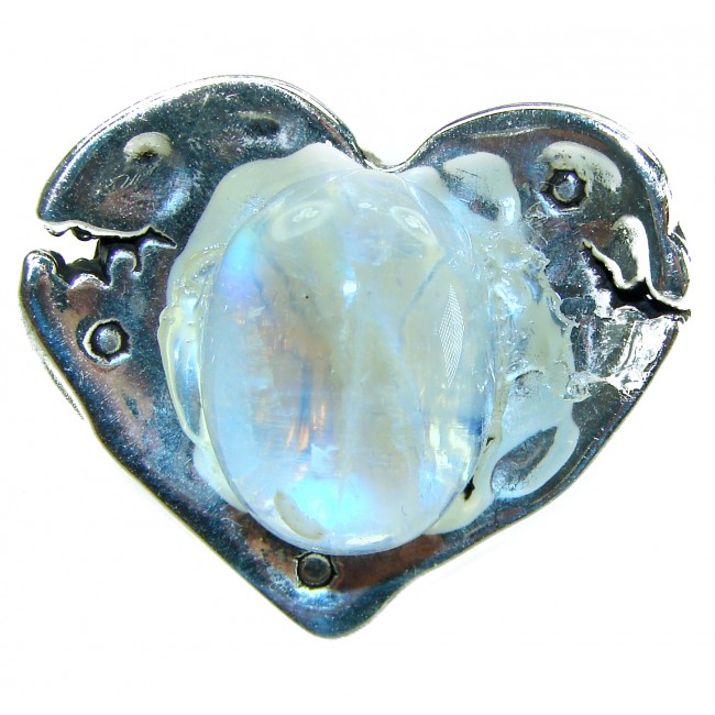 Large Rainbow Heart - Genuine 17.5 CARAT Moonstone .925 Sterling Silver Large Statement Ring size 8