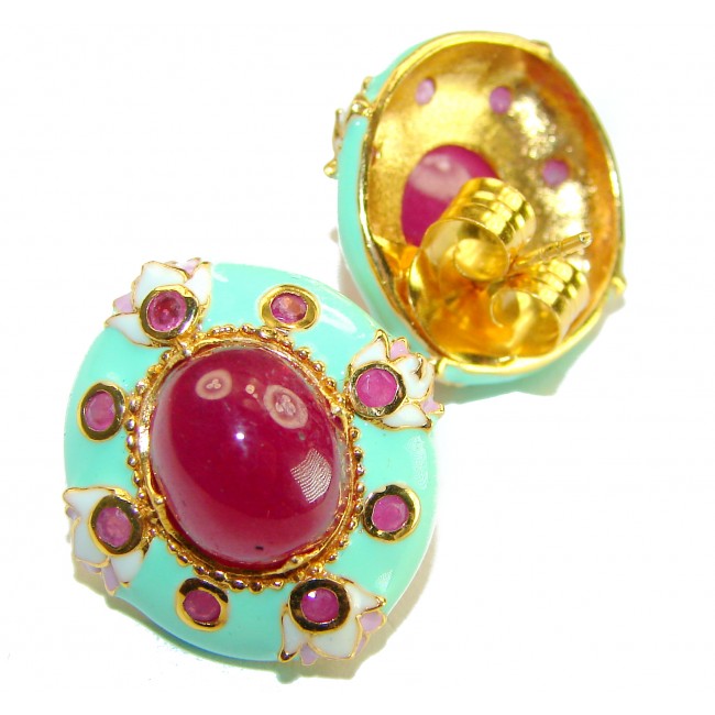 Countless Blessings Genuine 8.5 carat Authentic Ruby mint enamel 18K Gold over .925 Sterling Silver handcrafted earrings