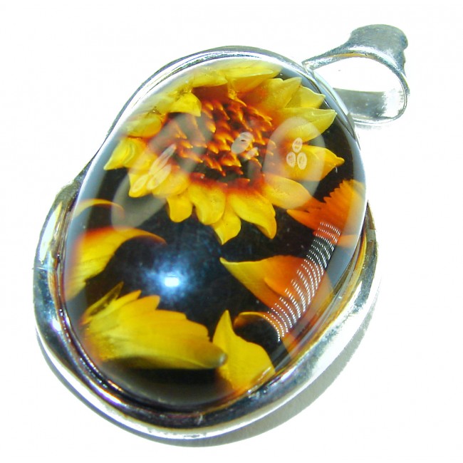Wild Sunflowers Fabulous - carved Baltic Amber Sterling Silver handmade Pendant