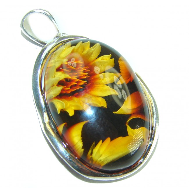 Wild Sunflowers Fabulous - carved Baltic Amber Sterling Silver handmade Pendant