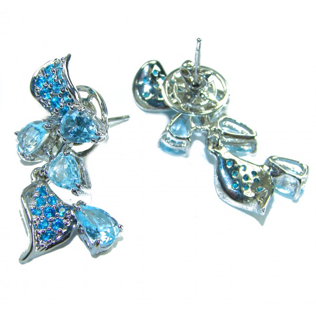 Blue Flowers 14.5 carat Swiss Blue Topaz .925 Sterling Silver Handcrafted Earrings - photo 1