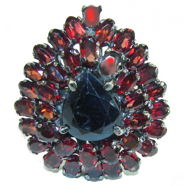 Blue Odyssey 22.5 carat authentic Sapphire black rhodium over .925 Silver handcrafted Cocktail Ring s. 8 1/2