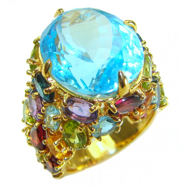Poseidon 25.5 carat Fancy oval cut Swiss Blue Topaz 18K Gold over .925 Sterling Silver handmade Ring size 8 3/4