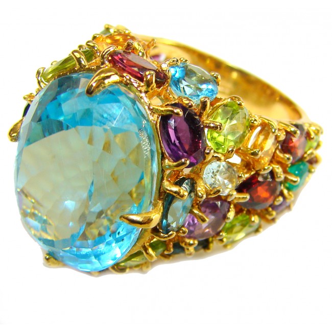 Poseidon 25.5 carat Fancy oval cut Swiss Blue Topaz 18K Gold over .925 Sterling Silver handmade Ring size 8 3/4