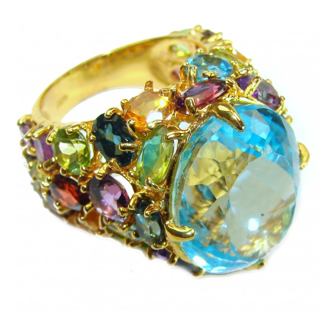 Poseidon 25.5 carat Fancy oval cut Swiss Blue Topaz 18K Gold over .925 Sterling Silver handmade Ring size 8 3/4