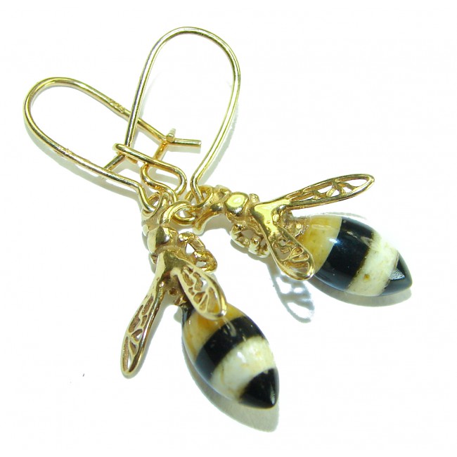 Very Special product - Wonderful Bees Baltic Amber 18K Gold over .925 Sterling Silver entirely handcrafted earrings