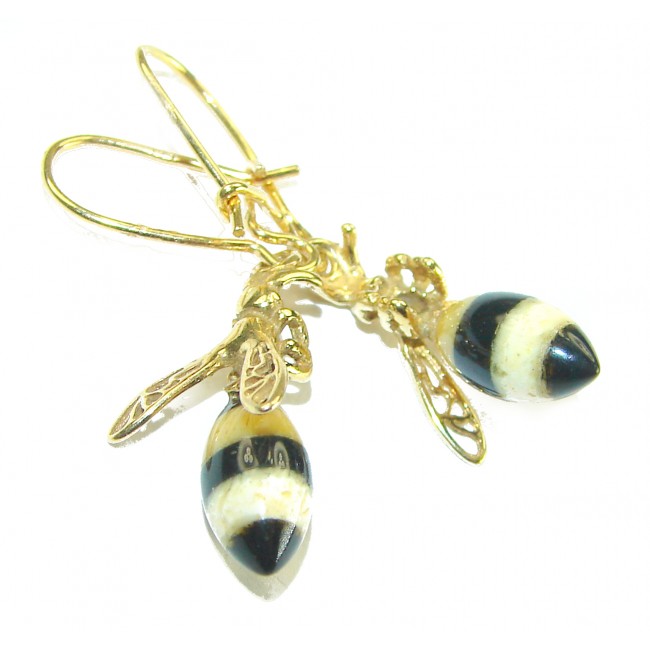 Very Special product - Wonderful Bees Baltic Amber 18K Gold over .925 Sterling Silver entirely handcrafted earrings