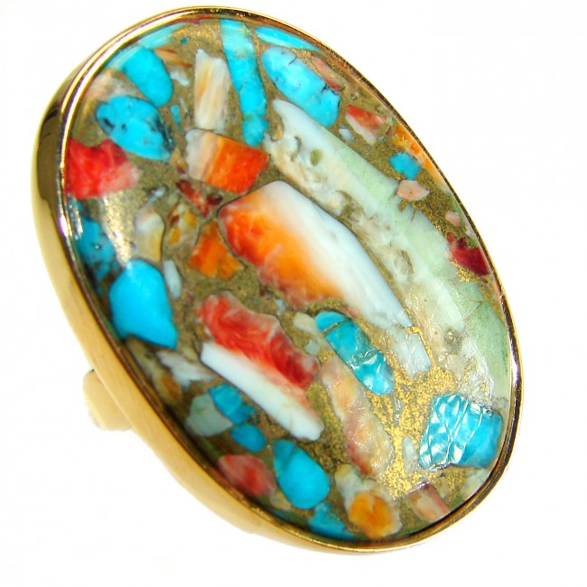 Rare 26.5 carat Oyster Turquoise 18K Gold over .925 Sterling Silver handcrafted Large ring; s. 8 adjustable