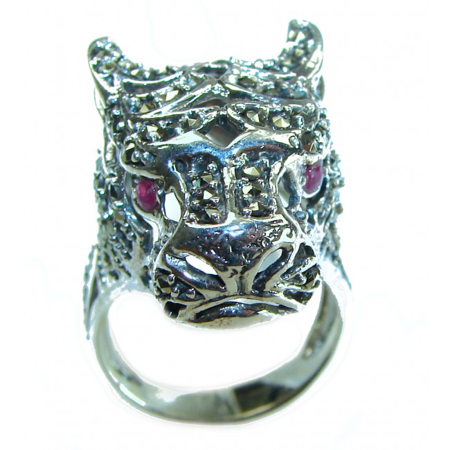 Cheetah authentic Ruby .925 Sterling Silver handmade Statement Ring s. 8 3/4 - Cheetah ring with ruby eyes, detailed front view, sterling silver.