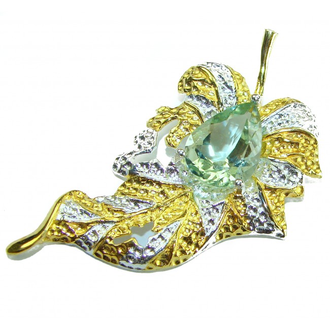 Precous Leaf Genuine Green Amethst 18K Gold over .925 Sterling Silver handcrafted Statement pendant - Leaf-shaped pendant with green amethyst, gold and silver detail, top view.