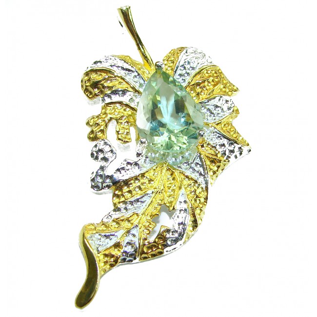 Precous Leaf Genuine Green Amethst 18K Gold over .925 Sterling Silver handcrafted Statement pendant - Leaf-shaped pendant with green amethyst, close-up, gold and silver details.