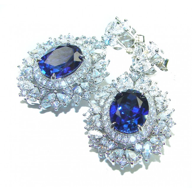 Luxurious 4.5 carat Sapphire White Sapphire .925 Sterling Silver Statement earrings - Close-up of sapphire earrings with white sapphires in sterling silver.
