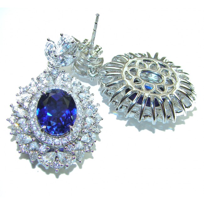 Luxurious 4.5 carat Sapphire White Sapphire .925 Sterling Silver Statement earrings - Close-up of luxurious sapphire and white sapphire earrings.